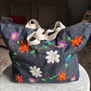 Floral Embroidered Denim Tote Bag - Handmade In Argentina- Size 21x14x5